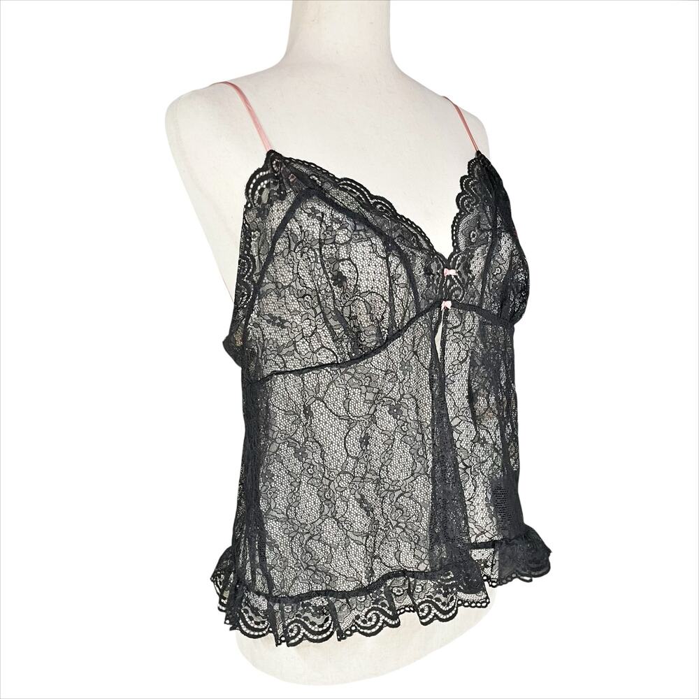 VICTORIA'S SECRET Vintage Y2K 2003 Sheer Black Lace Cami w/ Pink Bows Size L
